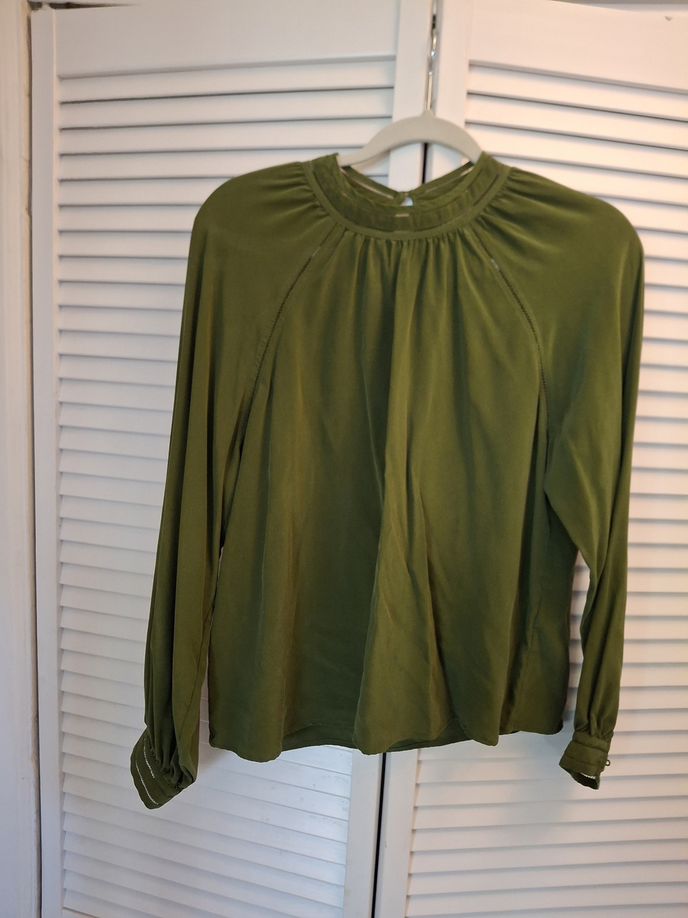 Sezane Olympia Silk Blouse In Olive Green Long-Sleeve Gathered Neck Blouse